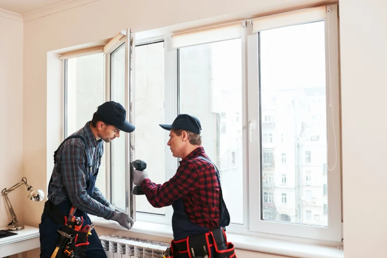 Zwei Männer montieren ein Fenster.