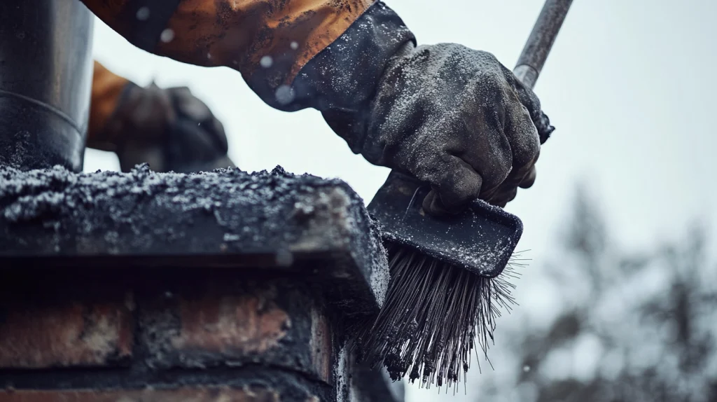 Nahaufnahme eines Schornsteinfegers bei der Reinigung eines Schornsteins mithilfe einer Metallbürste
