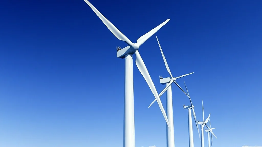 Mehrere Windkrafträder vor blauem Himmel