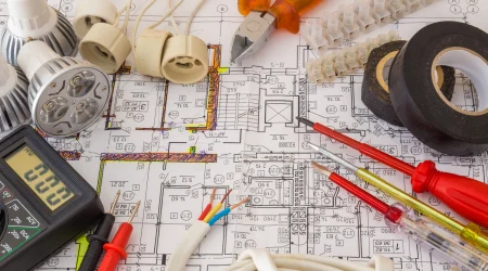 Werkzeug und Materielaien eines Elektriker liegen auf einem Bauplan.