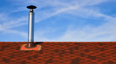 Dach mit roten Schindeln und einem modernen Edelstahl-Schornstein unter blauem Himmel. Der Schornstein ist gut integriert und weist eine stabile Abdichtung auf.