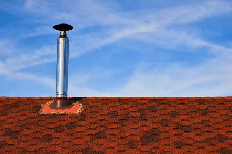 Dach mit roten Schindeln und einem modernen Edelstahl-Schornstein unter blauem Himmel. Der Schornstein ist gut integriert und weist eine stabile Abdichtung auf.