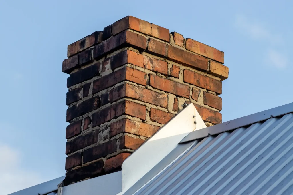 Alter Ziegelsteinkamin auf einem Dach mit Wellblech, durch Metall an der Basis abgedichtet. Der Kamin zeigt sichtbare Abnutzung und verwitterten Mörtel, was auf sein Alter hinweist.