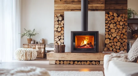 Modernes Wohnzimmer mit freistehendem Kamin