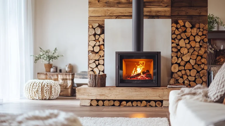 Modernes Wohnzimmer mit freistehendem Kamin
