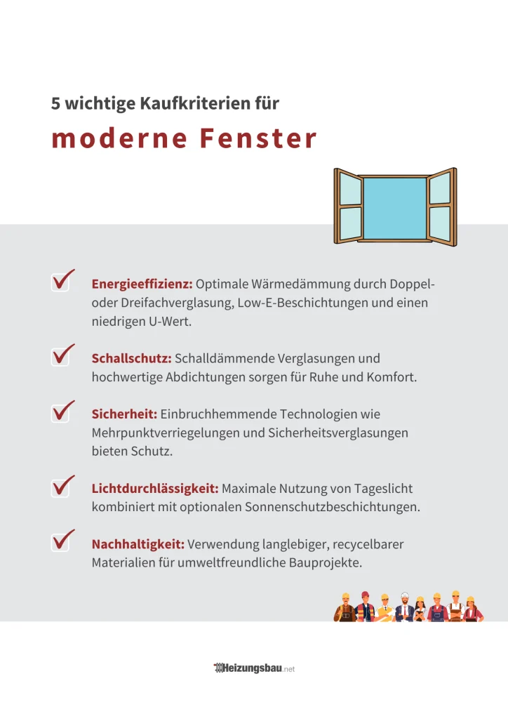 Infografik mit fünf Kaufkriterien für moderne Fenster: Energieeffizienz, Schallschutz, Sicherheit, Lichtdurchlässigkeit und Nachhaltigkeit.