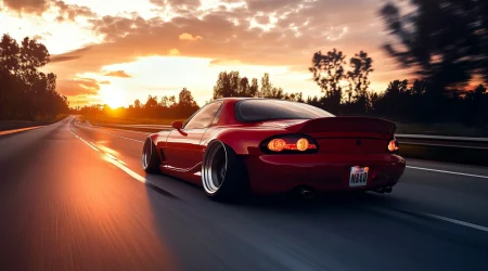 Rotes Sportauto fährt auf dem Highway bei Sonnenuntergang.