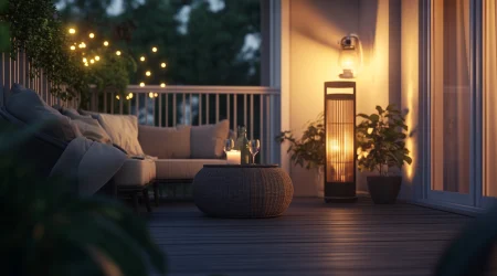 Balkon bei Nacht mit einem Wäremstrahler, rechts im Bild und einer gemütlichen Sitzgruppe links im Bild, dahinter befindet sich ein weißes Metallgeländer, an welchem ein paar Balkonpflanzen hängen.