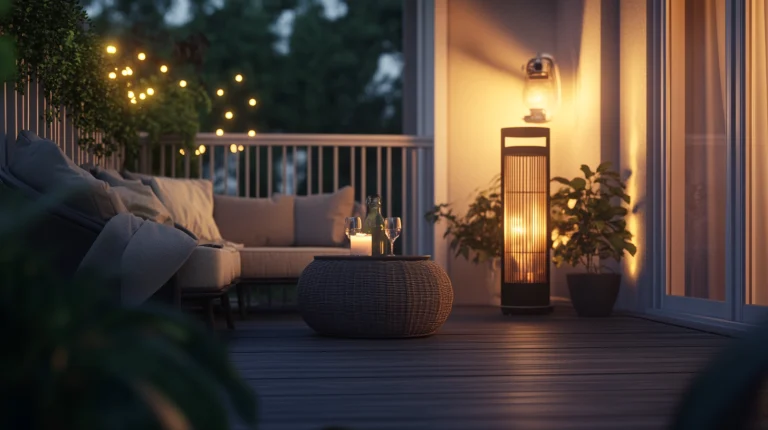Balkon bei Nacht mit einem Wäremstrahler, rechts im Bild und einer gemütlichen Sitzgruppe links im Bild, dahinter befindet sich ein weißes Metallgeländer, an welchem ein paar Balkonpflanzen hängen.