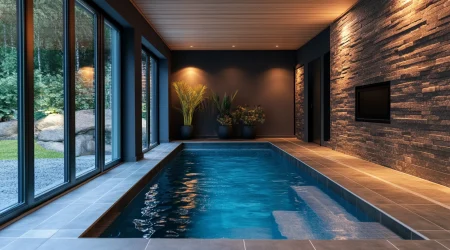 Indor-Pool mit gemauerten Wände aus Granit und einer großen Fensterfront mit Blick in den Garten.