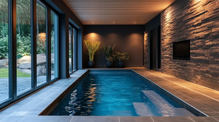 Indor-Pool mit gemauerten Wände aus Granit und einer großen Fensterfront mit Blick in den Garten.