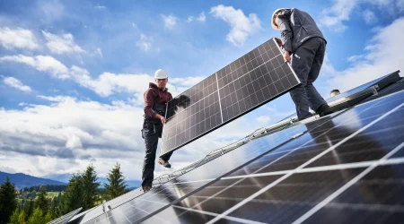 Zwei Handwerker installieren Photovoltaikmodule auf einem schrägen Dach. Beide tragen Schutzhelme und Arbeitskleidung.