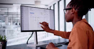 Frau analysiert digitale Rechnung auf großem Monitor in modernem Büro.