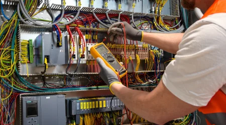 Elektriker prüft Stromfluss in einem Sicherungskasten.