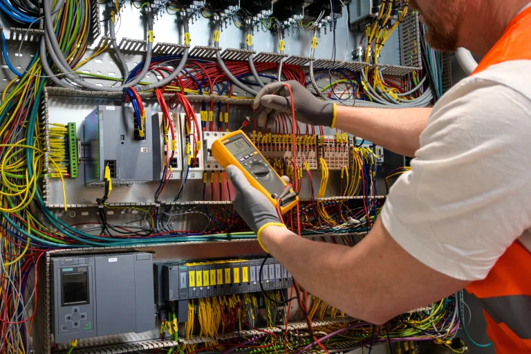 Elektriker prüft Stromfluss in einem Sicherungskasten.