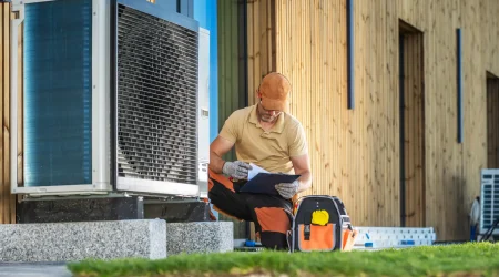 Handwerker in Arbeitskleidung überprüft eine Wärmepumpe im Außenbereich eines modernen Gebäudes aus Holz. Er hält ein Klemmbrett in der Hand und trägt Handschuhe. Neben ihm befindet sich eine Werkzeugtasche mit verschiedenen Arbeitsutensilien.