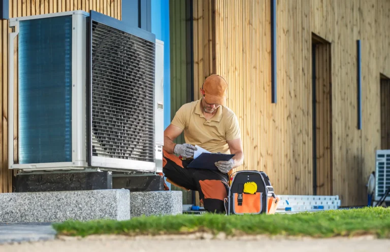 Handwerker in Arbeitskleidung überprüft eine Wärmepumpe im Außenbereich eines modernen Gebäudes aus Holz. Er hält ein Klemmbrett in der Hand und trägt Handschuhe. Neben ihm befindet sich eine Werkzeugtasche mit verschiedenen Arbeitsutensilien.