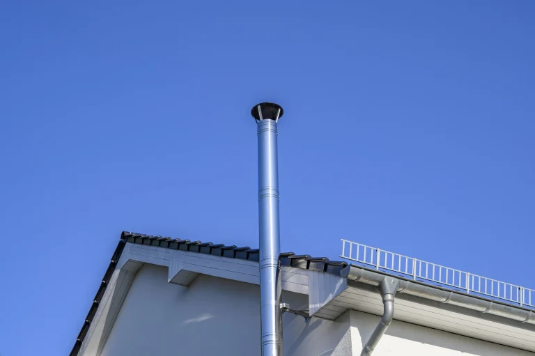 Ein silberner Pelletofen-Schornstein aus Metall ragt senkrecht über das Dach eines Hauses hinaus. Der Schornstein hat eine schwarze Abdeckung an der Spitze. Das Haus hat ein dunkles Ziegeldach mit einer weißen Fassade und eine Regenrinne aus Metall.