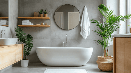 Modernes Badezimmer mit einer freistehenden Badewanne vor einer grauen Wand in Betonoptik. Rechts von ihr steht eine große Zimmerpflanze. Links im Raum befindet sich ein Waschbecken auf einem Holzunterschrank.