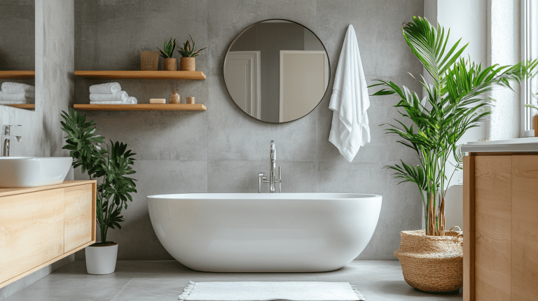 Modernes Badezimmer mit einer freistehenden Badewanne vor einer grauen Wand in Betonoptik. Rechts von ihr steht eine große Zimmerpflanze. Links im Raum befindet sich ein Waschbecken auf einem Holzunterschrank.