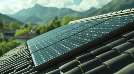 Solarpanelen auf einem Dach mit schwarzen Dachziegeln, im Hintergrund sind Silhouetten von Bergen und Bäumen zu erkennen.