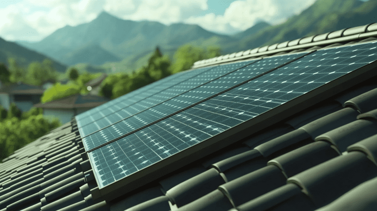 Solarpanelen auf einem Dach mit schwarzen Dachziegeln, im Hintergrund sind Silhouetten von Bergen und Bäumen zu erkennen.