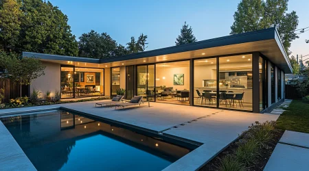 Modernes Bungalow in der Abenddämmerung, mit eingelassenen Pool in der Terasse.