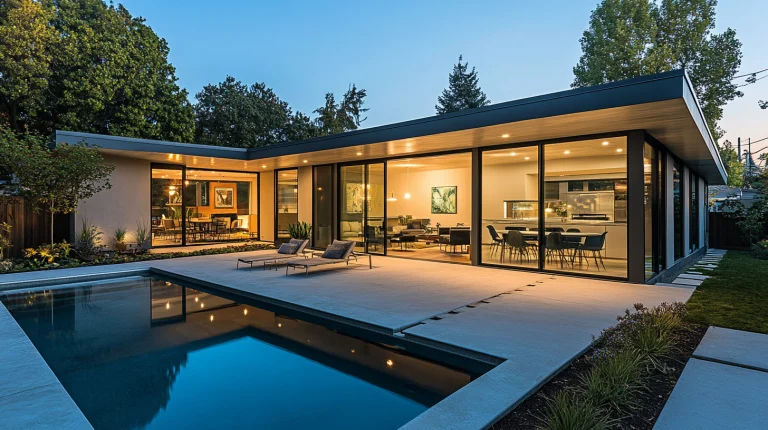 Modernes Bungalow in der Abenddämmerung, mit eingelassenen Pool in der Terasse.