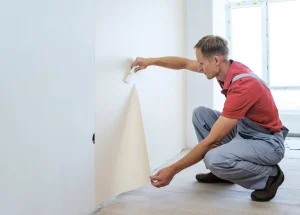 Ein Maler in rotem Poloshirt und grauer Arbeitskleidung tapeziert eine Wand in einem hellen Raum. Er glättet sorgfältig eine Tapetenbahn mit einem Werkzeug, während er sich auf den Holzboden kniet.