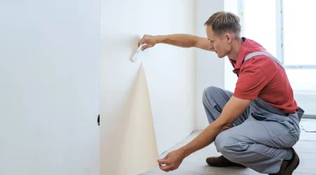Ein Maler in rotem Poloshirt und grauer Arbeitskleidung tapeziert eine Wand in einem hellen Raum. Er glättet sorgfältig eine Tapetenbahn mit einem Werkzeug, während er sich auf den Holzboden kniet.