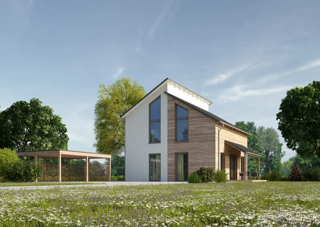 Ein moderner, nachhaltiger Neubau in einer grünen Landschaft. Das Haus hat eine Kombination aus weiß verputzter Fassade und Holzverkleidung mit einem schrägen Dach. Große Fenster aus Isolierglas lassen viel Tageslicht hinein.