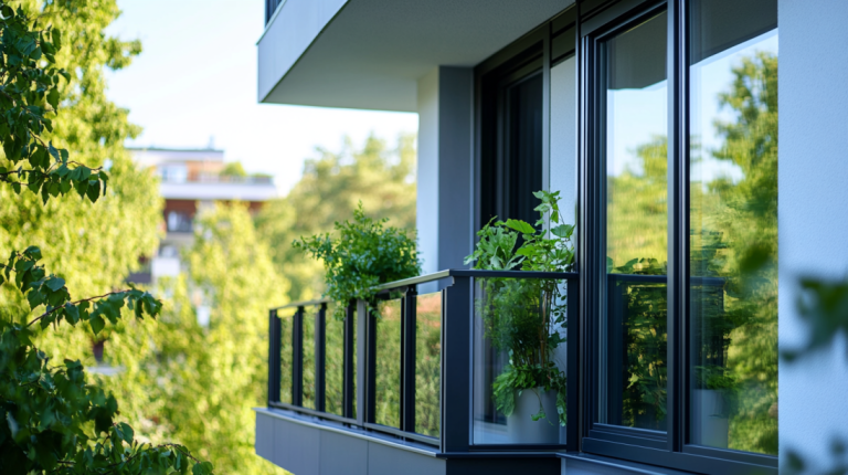 Moderner Balkon mit Glasgeländer und grünen Pflanzen an einer städtischen Wohnanlage – zeitgemäßes urbanes Wohnen mit Naturbezug.