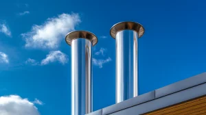 Zwei Edelstahlschornsteine auf einem Dach vor blauem Himmel