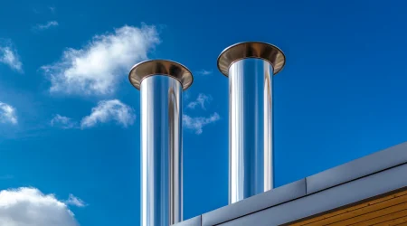Zwei Edelstahlschornsteine auf einem Dach vor blauem Himmel