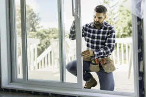 Fensterbauer mit kariertem Hemd, Jeans und Werkzeuggürtel installiert eine große Glasschiebetür. Er arbeitet konzentriert im Außenbereich eines Hauses, mit einer Holzterrasse und Garten im Hintergrund. Seine Werkzeugtasche enthält verschiedene Werkzeuge wie Maßband und Zange.