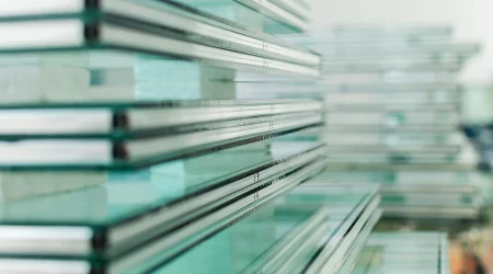 Gestapelte Glasplatten in Nahaufnahme. Die Glasplatten sind aus mehrschichtigem Isolierglas, reflektieren das Licht und haben eine leicht grünliche Färbung. Der Hintergrund ist unscharf, was die Tiefe der gestapelten Scheiben betont.
