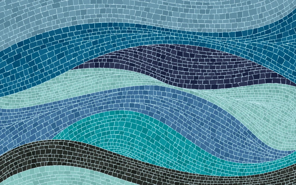 Abstraktes Mosaik mit wellenförmigen Mustern in Blau-, Türkis- und Schwarztönen.