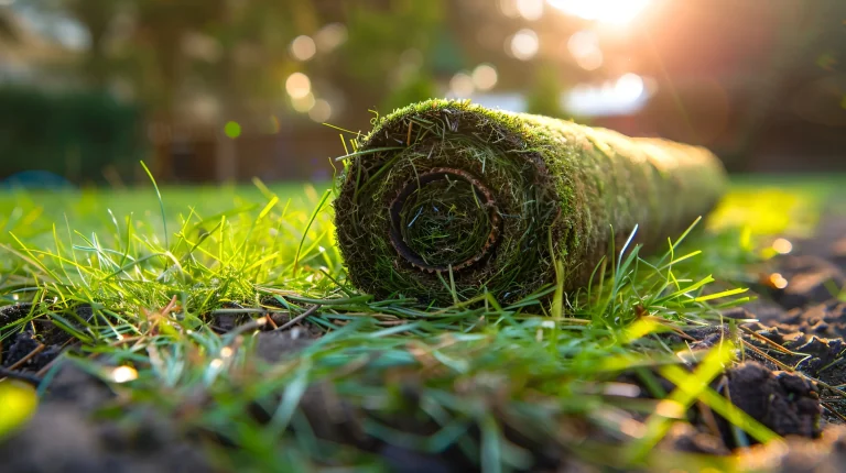 Eine teils ausgerollte Rolle Rollrasen bei der Verlegung in einem Garten.