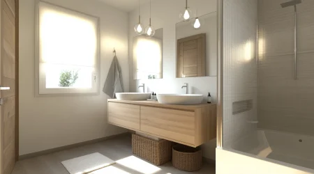 Zwei Waschbecken, auf einem hellen Holzunterschrank, daneben eine Dusche mit hellen Fließen.