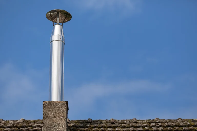 Schornsteinverlängerung aus Edelstahl mit Regenhaube auf einem gemauerten Schornsteinsockel, montiert auf einem mit Moos bedeckten Ziegeldach vor klarem, blauem Himmel.