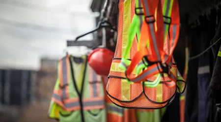 Neonfarbene Arbeitsjacken hängen auf einer Baustelle.