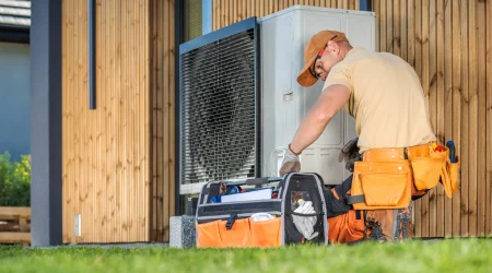 Ein Heizungstechniker in orangefarbener Arbeitskleidung kniet vor einer außen montierten Wärmepumpe und überprüft die Anlage. Daneben steht sein offener Werkzeugkoffer auf dem Rasen, während im Hintergrund eine Holzfassade zu sehen ist.
