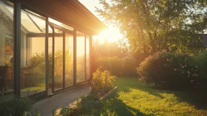 Ein angebauter Wintergarten mit großen Glasflächen, durch die das warme Sonnenlicht fällt. Die Scheiben reflektieren die Umgebung, während der angrenzende Garten mit grünem Rasen, blühenden Sträuchern und einem Baum in der Abendsonne erstrahlt.