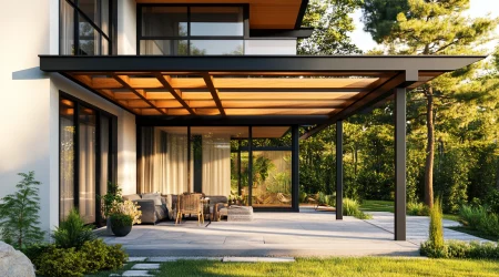 Hybride Lösung aus Holz und Aluminium für eine Terrassenüberdachung.