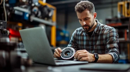Ein Mann sitzt vor einem Laptop und vergleicht die Onlineangebote für Zahnriemen mit seinem abgenutzten Autoteil, um es zu ersetzen.