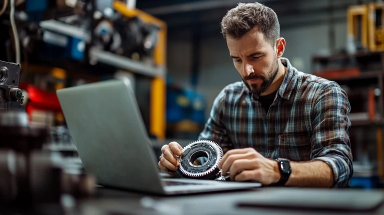 Ein Mann sitzt vor einem Laptop und vergleicht die Onlineangebote für Zahnriemen mit seinem abgenutzten Autoteil, um es zu ersetzen.