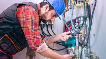 Handwerker mit blauem Schutzhelm und kariertem Hemd arbeitet an einer Heizungsanlage. Er überprüft Rohre, Ventile und ein Manometer. Im Hintergrund sind elektrische Verkabelungen und Isolierungen zu sehen.