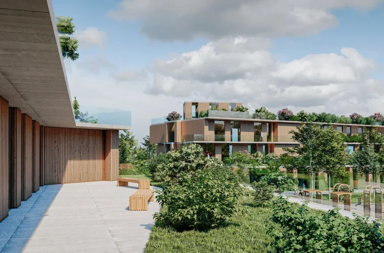 Moderne Wohnanlage mit flachen, begrünten Dächern, Holzfassaden und großen Fensterfronten, eingebettet in eine parkähnliche Landschaft mit Sitzbereichen und Spielgeräten unter freiem Himmel.