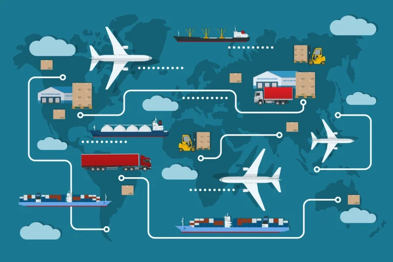 Grafische Darstellung von Lieferketten, durch verschiedene Transportmittel über die ganze Welt verteilt.