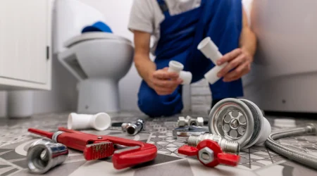 Eine Person in blauer Arbeitskleidung arbeitet in einem Badezimmer. Auf dem Boden liegen Werkzeuge und Sanitärteile, darunter eine rote Rohrzange, Rohre und Verschraubungen. Im Hintergrund ist eine Toilette zu sehen.